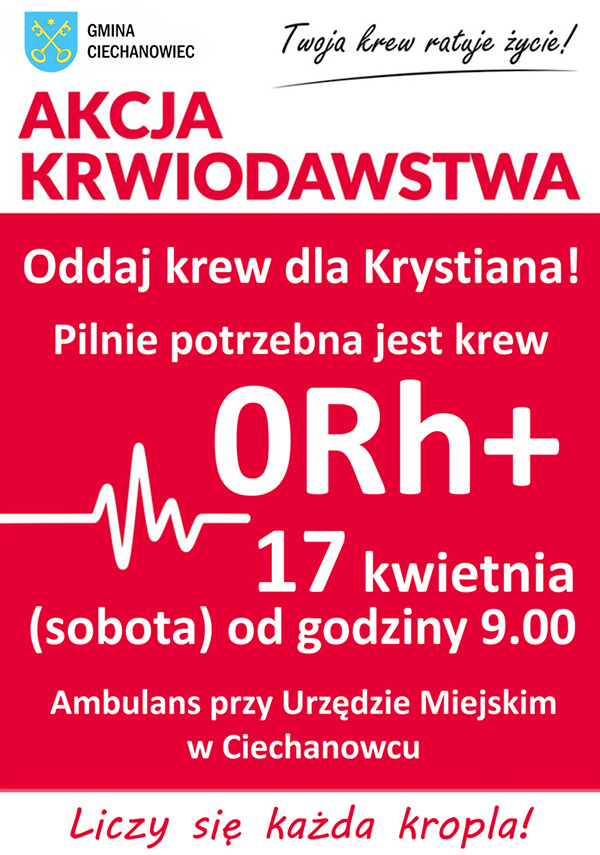 Oddaj krew dla Krystiana! Pilnie potrzebna jest krew 0Rh+ Apel Burmistrza do mieszkańców gminy