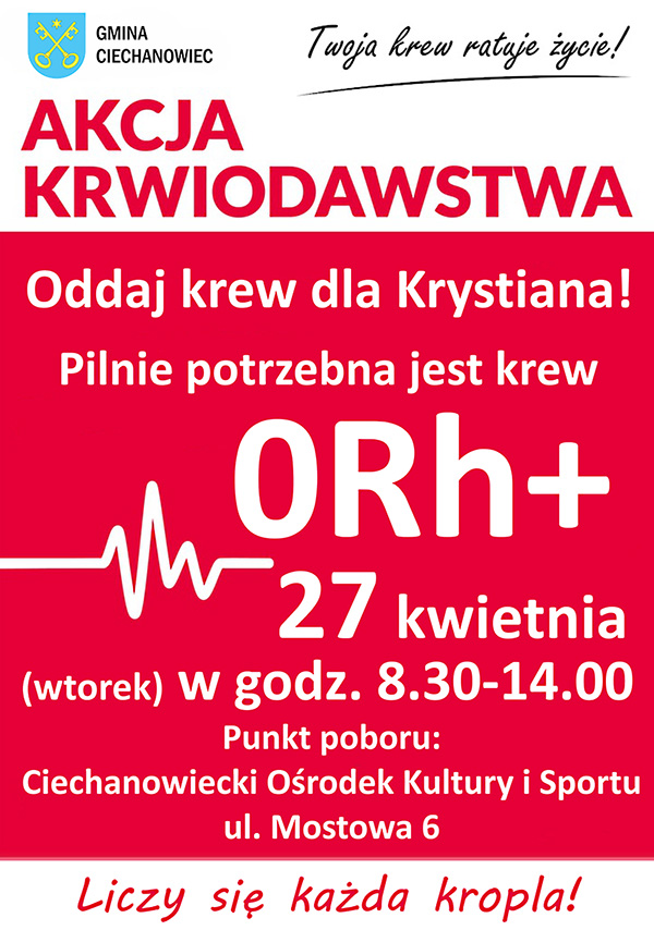 Oddaj krew dla Krystiana! Pilnie potrzebna jest krew 0Rh+ Apel Burmistrza do mieszkańców gminy