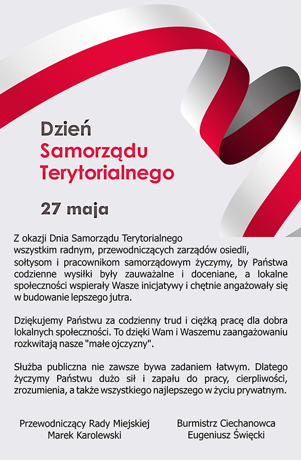 Życzenia z okazji Dnia Samorządu Terytorialnego składa Burmistrz Ciechanowca i Przewodniczący Rady