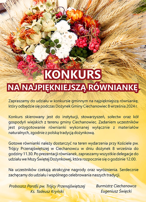 Zapraszamy do udziału w konkursie na najpiękniejszą równiankę podczas Dożynek Gminy Ciechanowiec