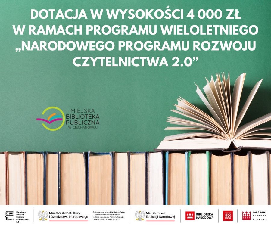 Miejska Biblioteka Publiczna w Ciechanowcu otrzymała dofinansowanie w wysokości 4 000 zł na zakup nowości wydawniczych w 2025 r.