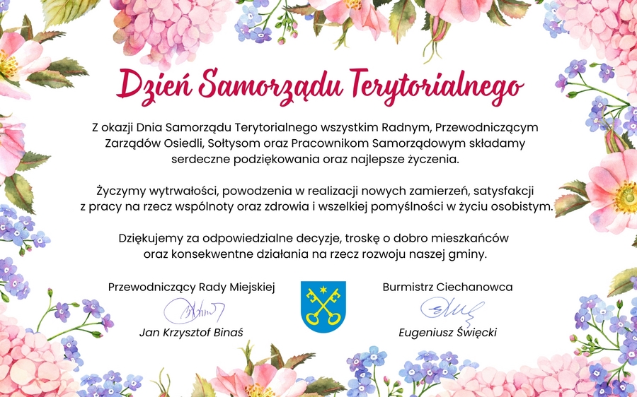 Życzenia z okazji Dnia Samorządu Terytorialnego składa Burmistrz Ciechanowca i Przewodniczący Rady Miejskiej