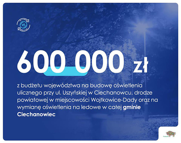 600 tys. zł dotacji na nowe oświetlenie uliczne w gminie Ciechanowiec