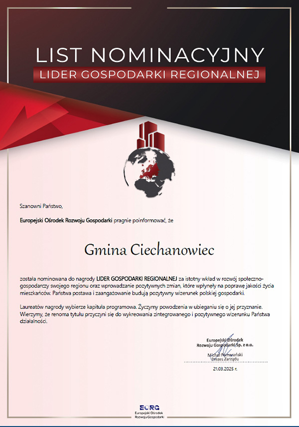 Gmina Ciechanowiec została nominowana do nagrody "Lider Gospodarki Regionalnej" za istotny wkład w rozwój społeczno-gospodarczy 