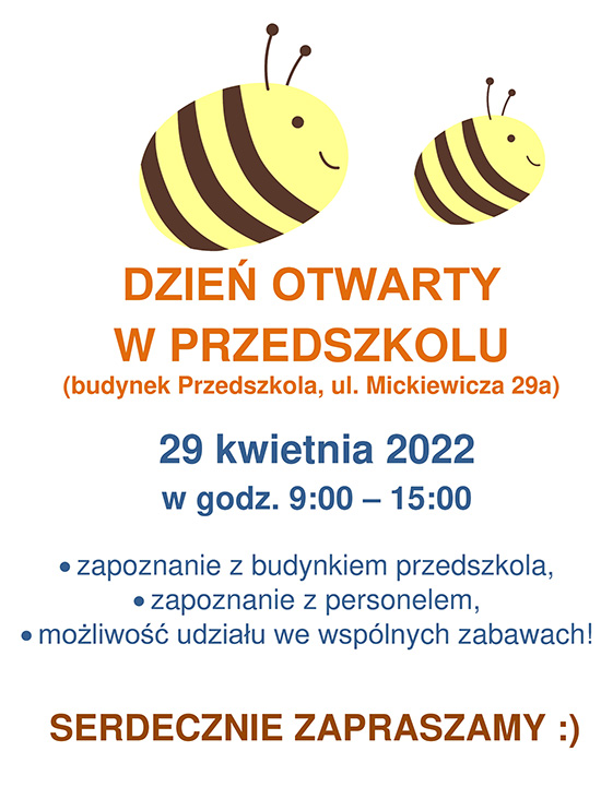 Dzień Otwarty w Przedszkolu 29 kwietnia zapraszamy przyszłych przedszkolaków wraz z rodzicami