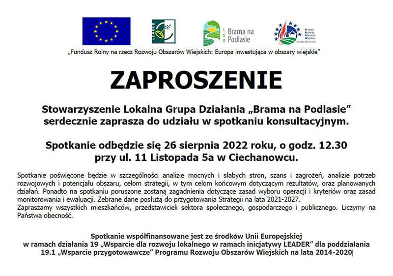 Lokalna Grupa Działania „Brama na Podlasie” zaprasza na spotkanie konsultacyjne