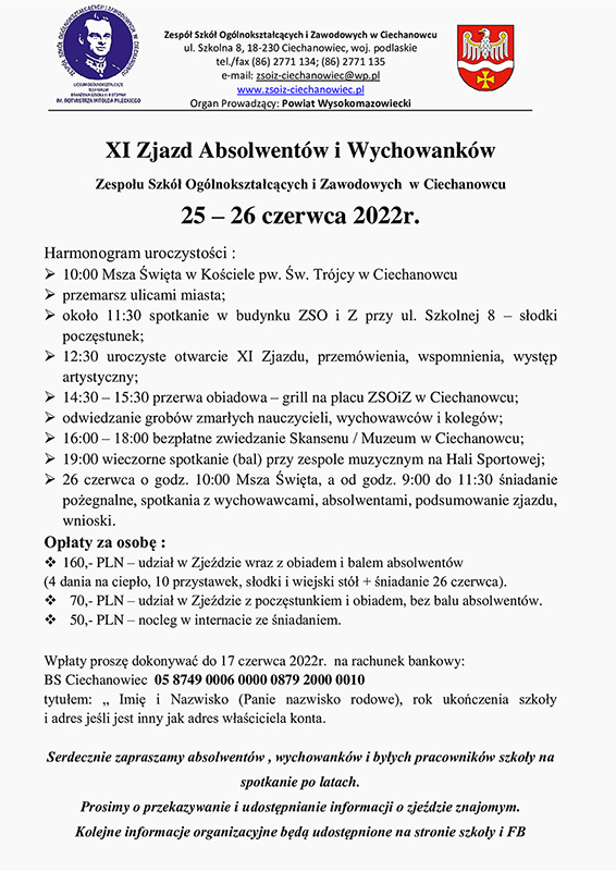 Zjazd Absolwentów i Wychowanków Zespołu Szkół Ogólnokształcących i Zawodowych w Ciechanowcu