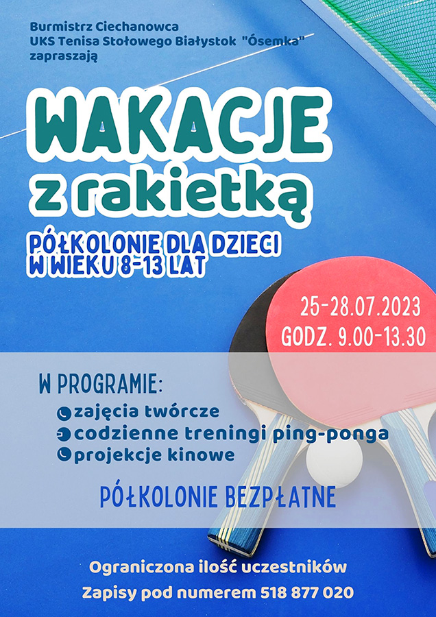 Bezpłatne letnie półkolonie z ping-pongiem w terminie 25-28 lipca