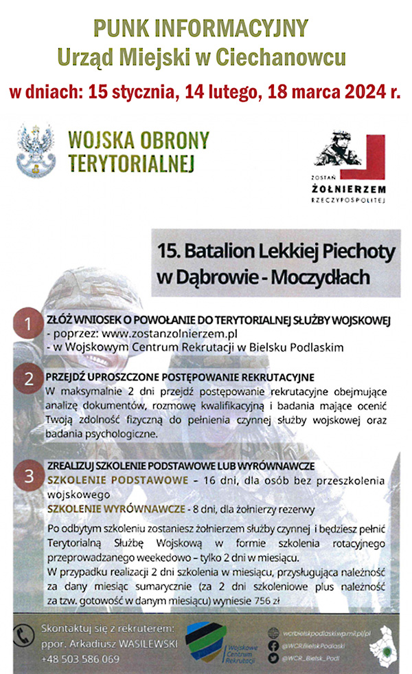 Punkt informacyjny dotyczący promocji służby wojskowej w 15 batalionie lekkiej piechoty w Dąbrowie Moczydłach