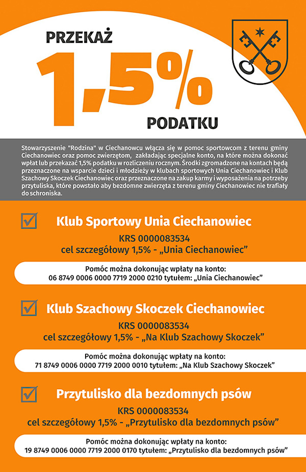 1,5% podatku na pomoc sportowcom z terenu gminy Ciechanowiec i pomoc zwierzętom