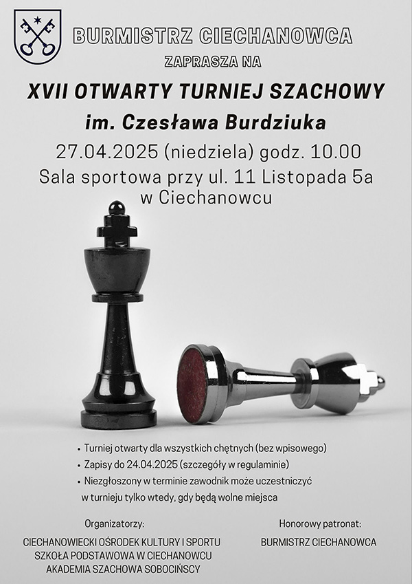 Burmistrz Ciechanowca zaprasza na Otwarty Turniej Szachowy im. Czesława Burdziuka